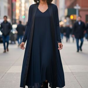 Lafayette 148 New York Navy Fluid Viscose Crepe Dress & Cardigan Set Size L